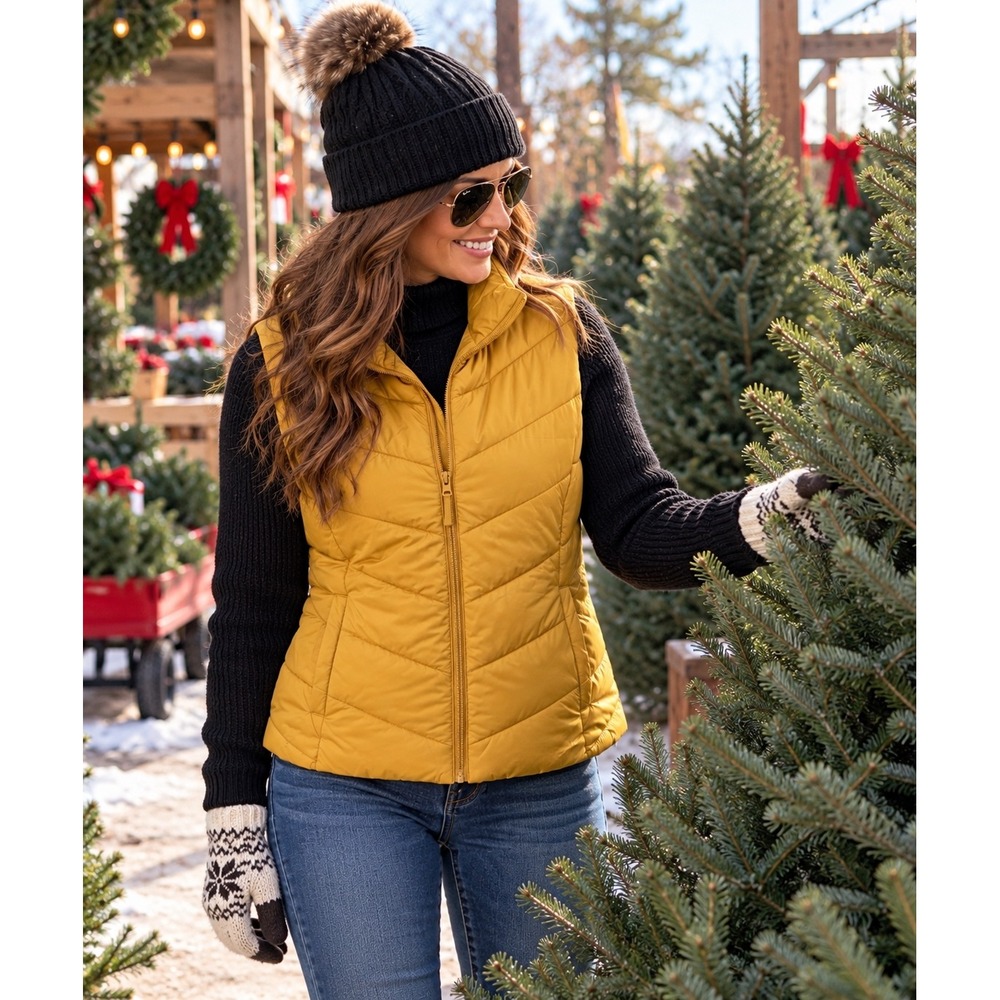 Aeropostale Puffer Vest Womens Medium Mustard Yellow Chevron Quilted Zip